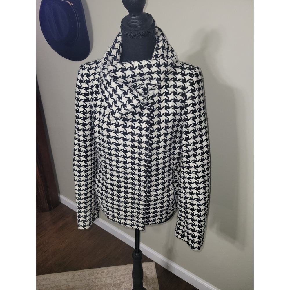 Talbots Petites Houndstooth Moto Jacket Black‎ White Wool Blend 10P LK2666